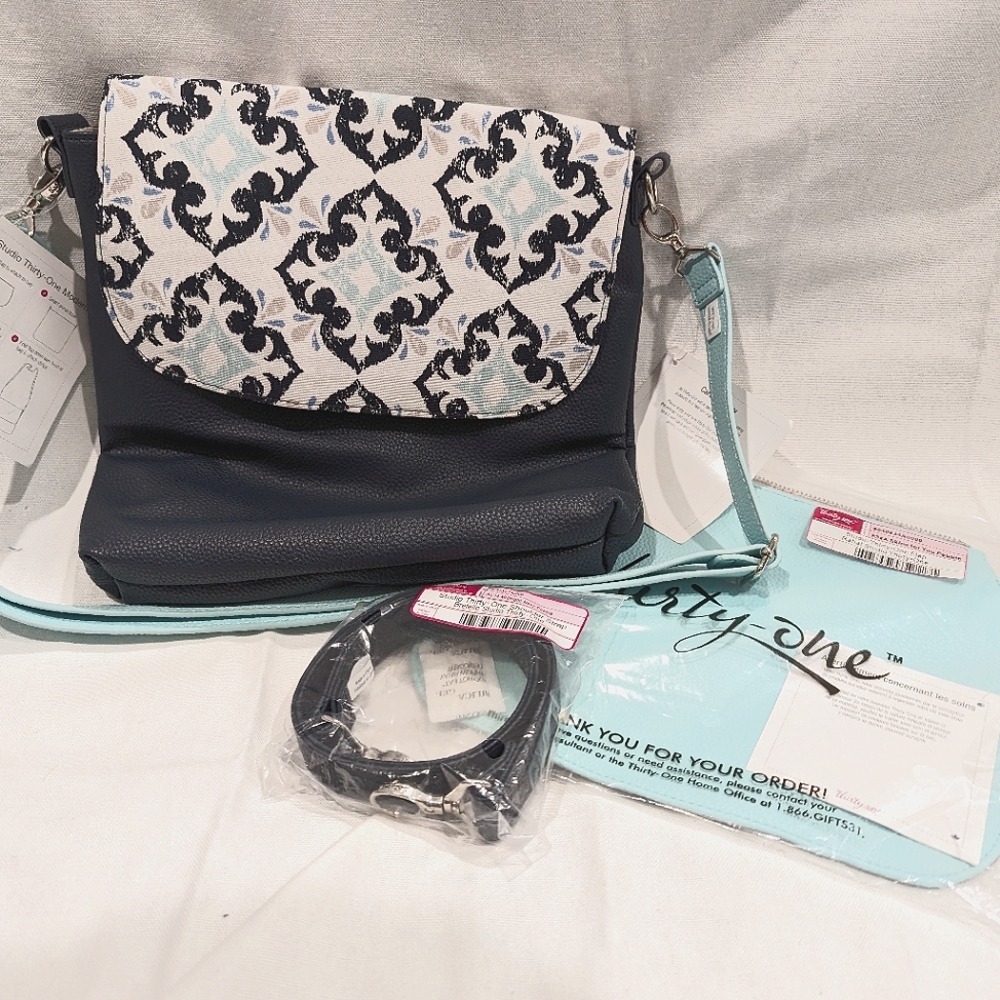 Thirty-One Crossbody Bag in Navy and Aqua Pattern